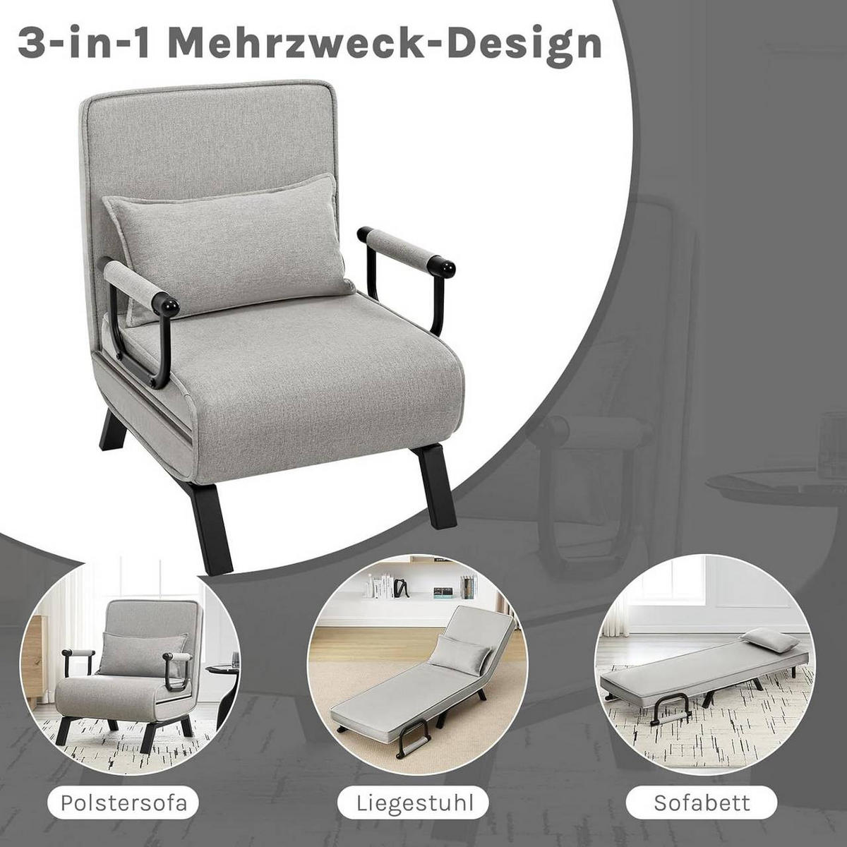 SCHLAFSESSEL 3 in 1, mit Verstellbarer Rückenlehne, Leinen Hellgrau - Hellgrau/Schwarz, Textil/Metall (65/78/75cm) - Woltu