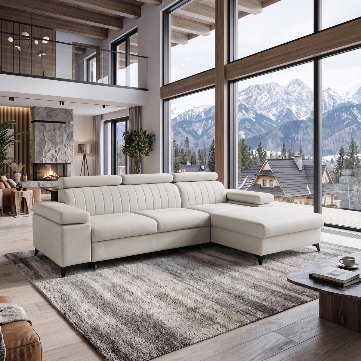 ECKSOFA FELIX L Rechts mit Schlaffunktion Velours Creme - Creme/Schwarz, Holz/Textil (176/257cm) - Muffo