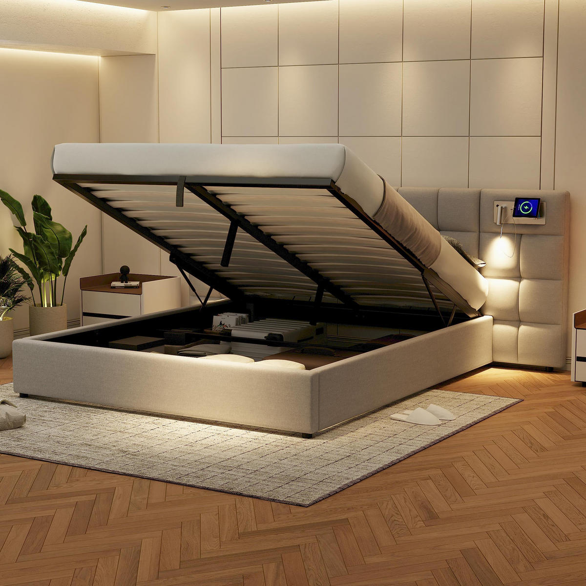 POLSTERBETT 180/200 cm Grau mit Stauraum und USB-Anschluss - Grau, Textil (180/200cm) - OKWISH