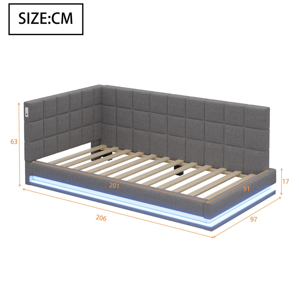 POLSTERBETT 90/200 cm mit LED-Beleuchtung & USB-Steckdose aus Leinen Grau - Grau, Textil (90/200cm) - OKWISH