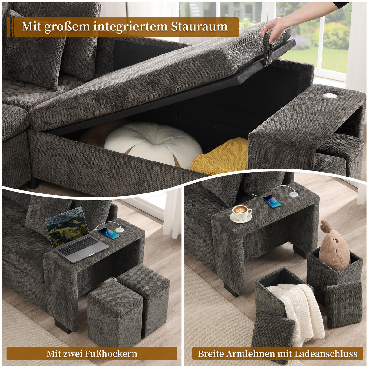 ECKSOFA 220/205/86,5 cm mit Schlaffunktion, Stauraum, USB- und USB-C-Anschluss, Chenille, Grau - Grau, Textil (220/205cm) - Redom