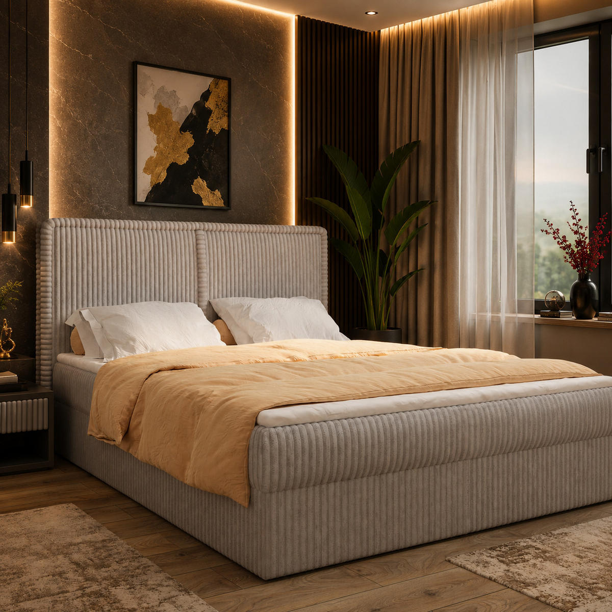 BOXBETT 04 180 x 200 cm - Ambience – Modernes Polsterbett mit Bettkasten, Topper und gepolstertem Kopfteil, Stoffbezug, Stauraumbett - Braun, Holz (180/200cm) - ROYAL24_MARKT