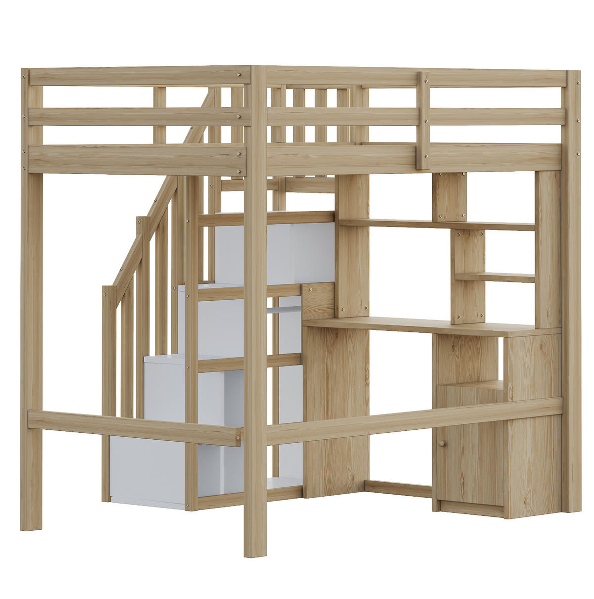 HOCHBETT aus Holz 90x200 cm Naturfarbe mit Schreibtisch, Regalen, Schränken und Treppe mit Stauraum - Naturfarben, Holzwerkstoff (140/200cm) - Modfu