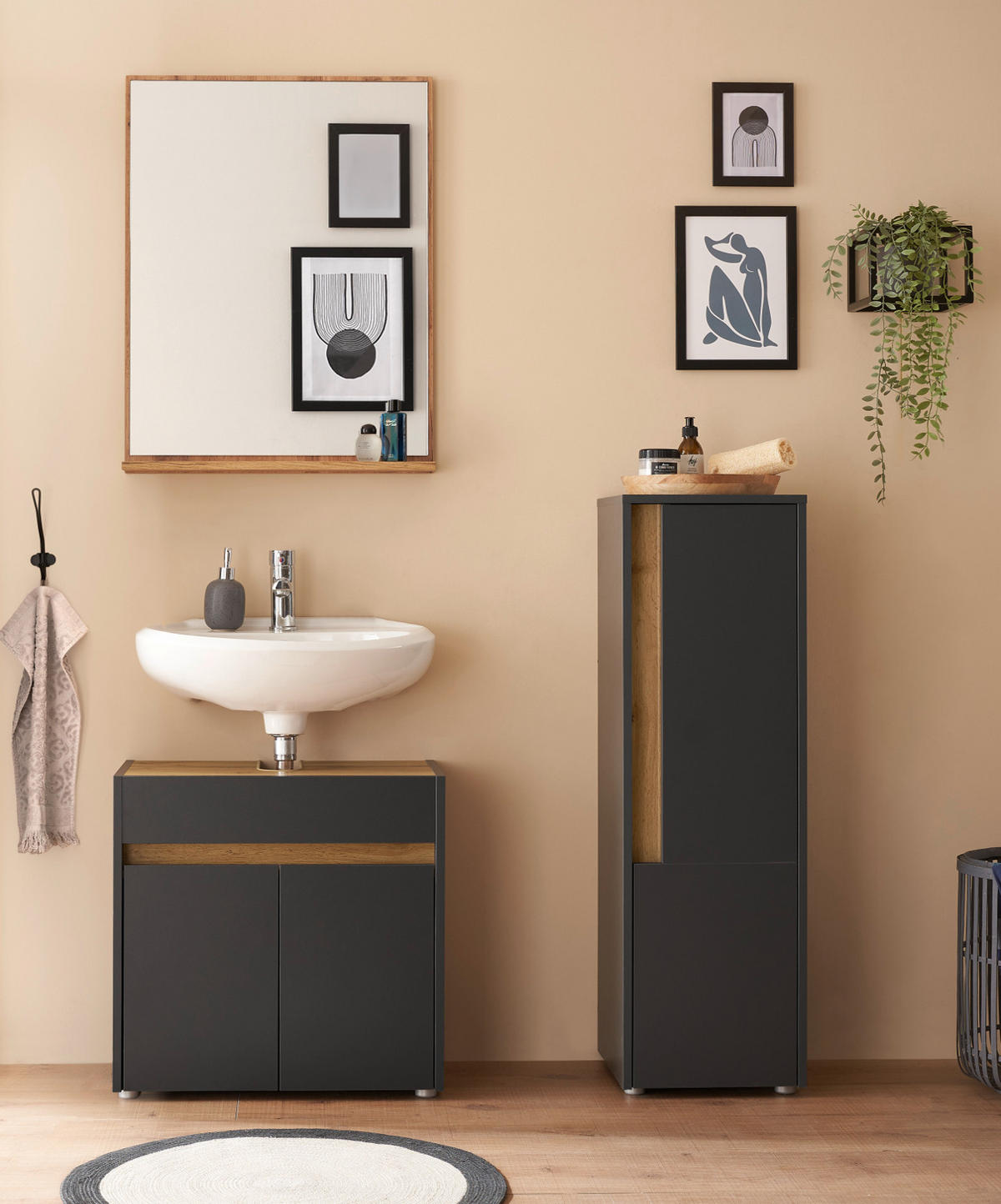 BAD-MIDISCHRANK grau matt, Wotan Eiche, Badmöbel Kommode 34 x 114 cm - Eiche Wotan/Schwarz, Holzwerkstoff/Kunststoff (34/114/34cm) - Furn.Design