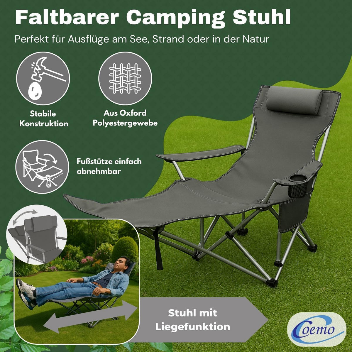 GARTEN LIEGESTUHL klappbar in Grau - Grau, Metall (53/88/156cm) - Coemo
