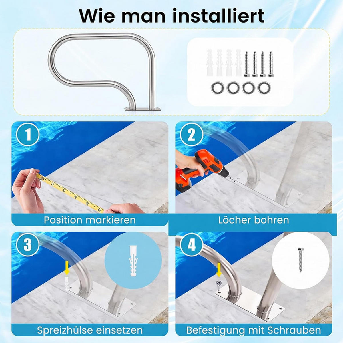 POOLHANDLAUF aus Edelstahl silber - Silberfarben, Metall (83/57/4.8cm) - COSTWAY
