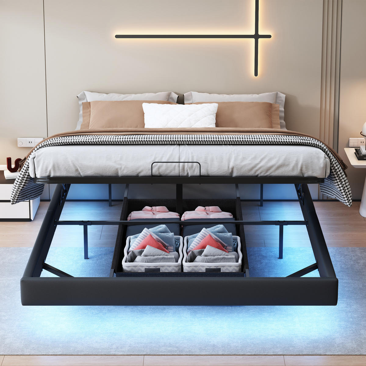 POLSTERBETT 160x200 cm, Schwarz, LED-Beleuchtung - Schwarz, Textil/Metall (160/200cm)