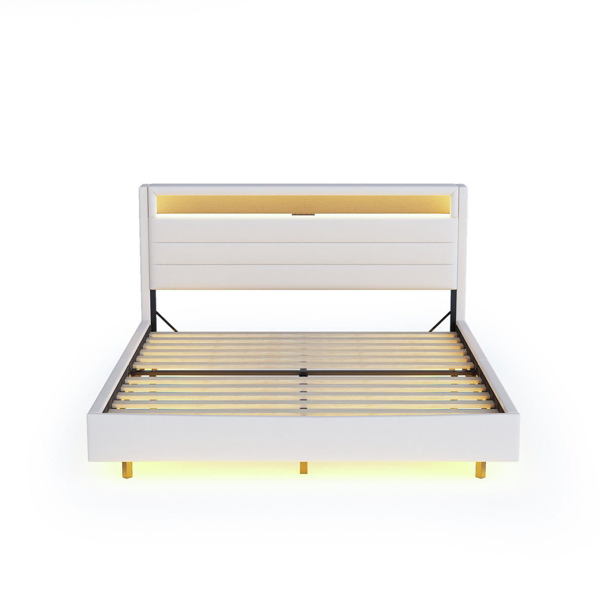 POLSTERBETT mit Stauraum und LED 160x200 cm Leinenstoff Beige - Beige, Metall (160/200cm) - Beauniv