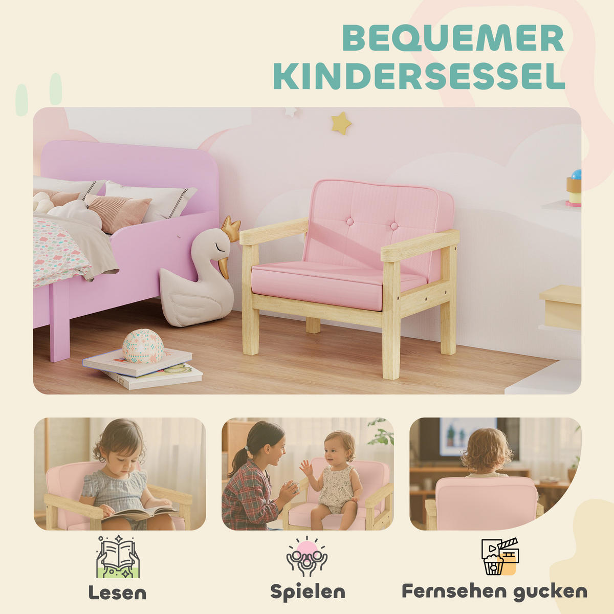 KINDERSESSEL, gepolsterter Kindersofa mit Holzrahmen, Cordoptik, für Spielzimmer - Rosa/Naturfarben, Holz/Holzwerkstoff (44/45/46.5cm) - AIYAPLAY