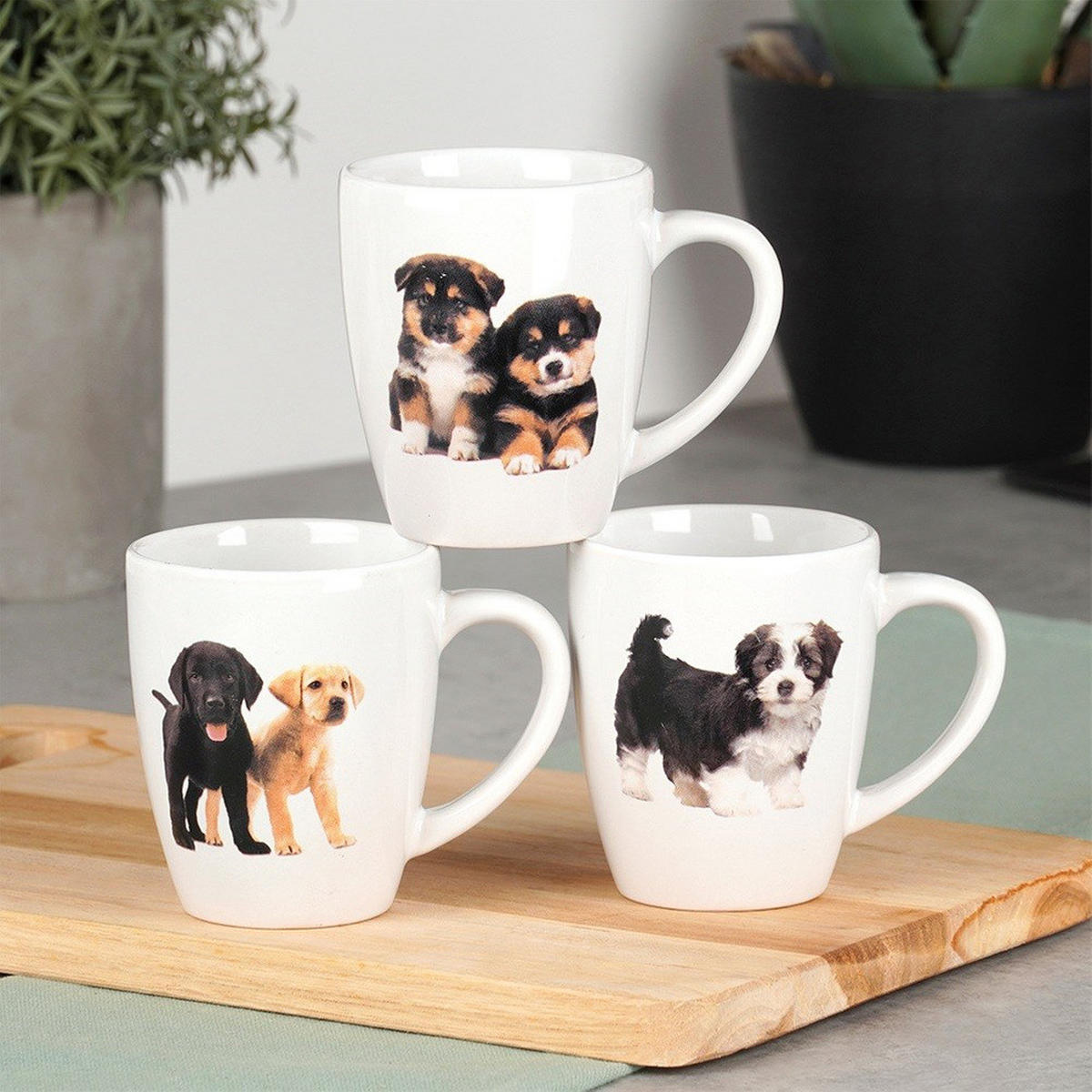 KERAMIKBECHER-SET HUNDE, Keramik, weiß, 3 Stk., 220 ml - Schwarz, Keramik (0.22L) - Excellent Houseware