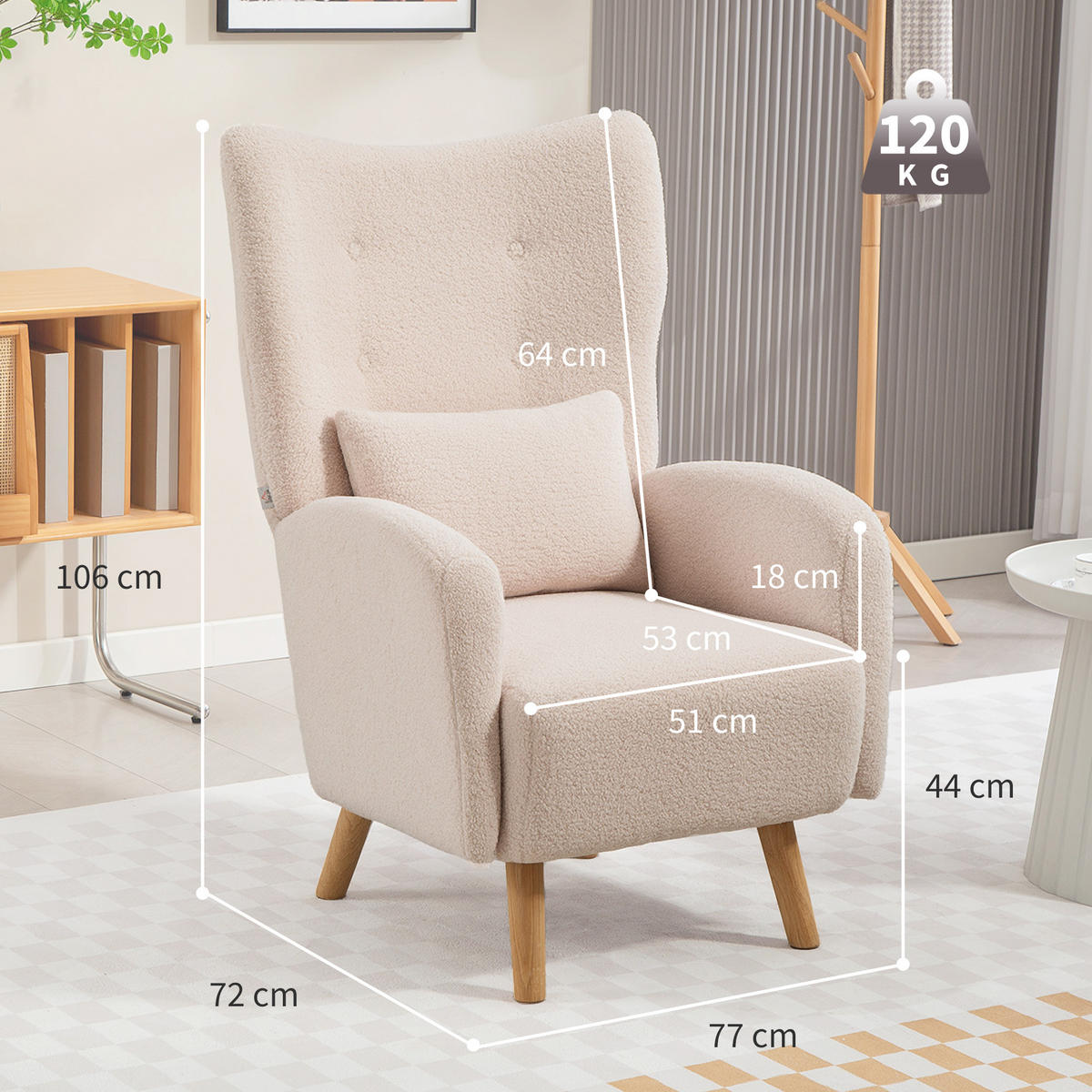 SESSEL DE-06847 mit Plüschbezug und Schaumstoffkissen, Ohrensessel Beige - Beige, Holz/Textil (72/106/77cm) - ComfortXL