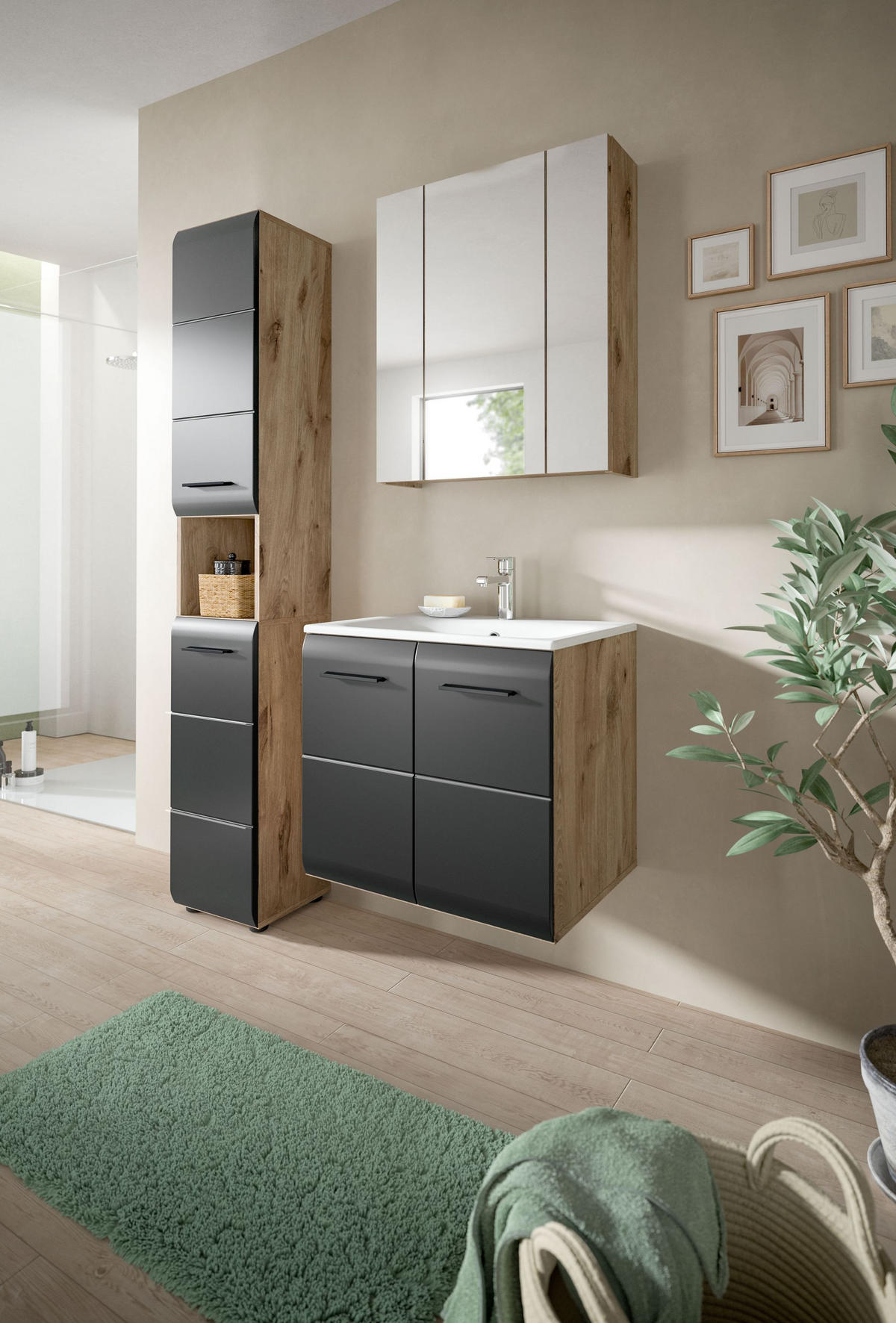 BADEZIMMER Alba 4-tlg. (B/H/T: ca. 105/185/46 cm) in Nox Oak /schwarz matt - Eiche Artisan, Holz (105/185/46cm)