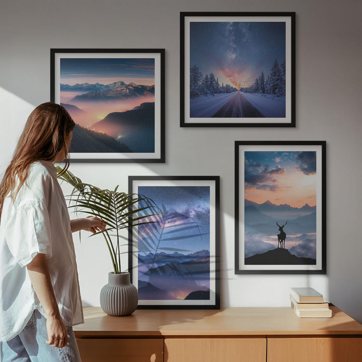 WANDBILDER 4er-Set - 50x50 cm & 40x60 cm Schwarzer Rahmen - Nachthimmel Berge Nebel Hirsch - Schwarz, Kunststoff (50/50cm) - ArtPrintCave