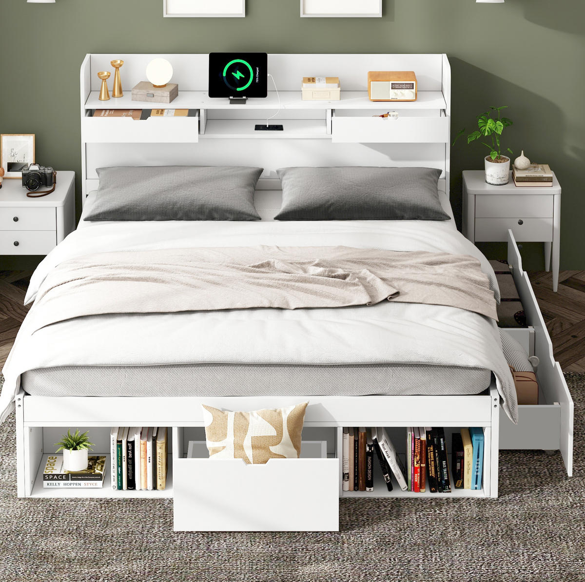 JUGENDBETT 160/200 cm mit USB-Anschluss, Typ-C und großem Stauraum aus Kiefernholz, Weiß - Weiß, Holzwerkstoff (160/200cm) - Redom