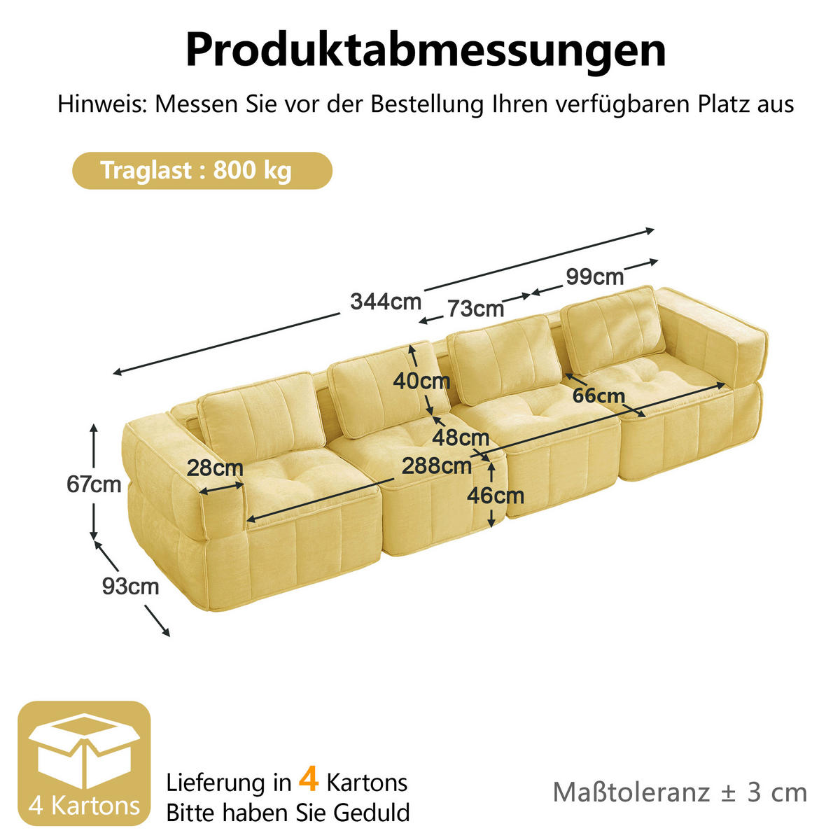 4-SITZER-SOFA DE-34428 mit stützenloses Design Gelb - Gelb, Textil (93/67/344cm) - ComfortXL