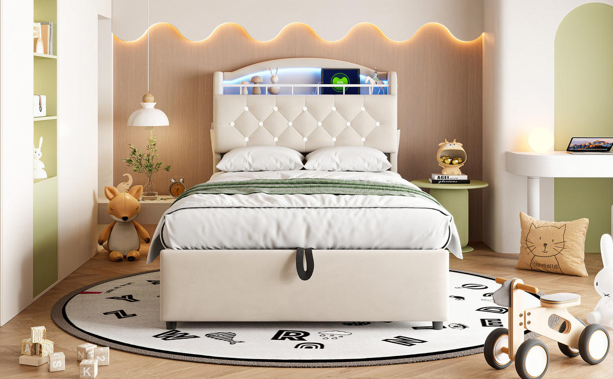 KINDERBETT 90x200 cm Samt LED USB beige - Beige, Textil (90/200cm) - LEBENLANG