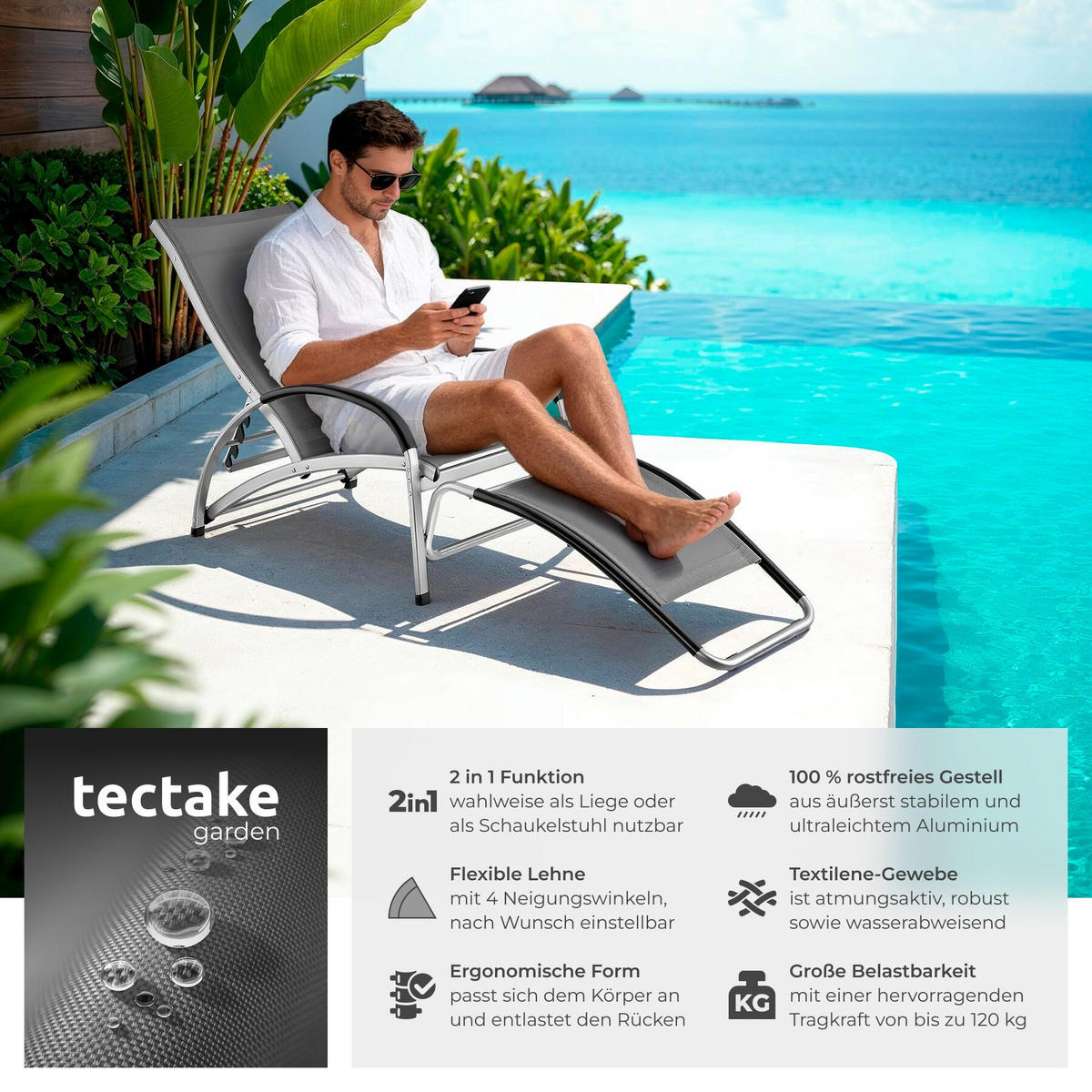 SONNENLIEGE 2er Set Avignon, 2in1 Schaukelstuhl, verstellbare Rückenlehne, 62 x 195 x 91 cm, anthrazit - Anthrazit, Metall (62/91/195cm) - tectake