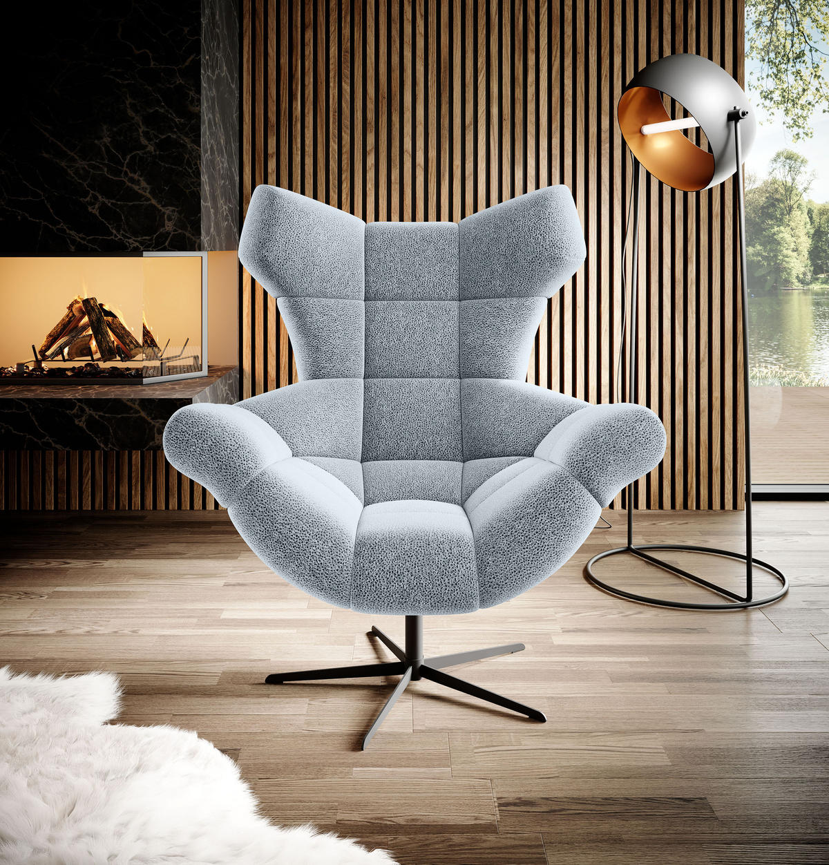 SESSEL SENSI Relaxstuhl mit 360° Drehung und Schwingfunktion – Lux-Schaumkissen, Hellgrau, 104x46x119 cm - Hellgrau/Schwarz, Holz/Textil (104/119/84cm) - DomoHome
