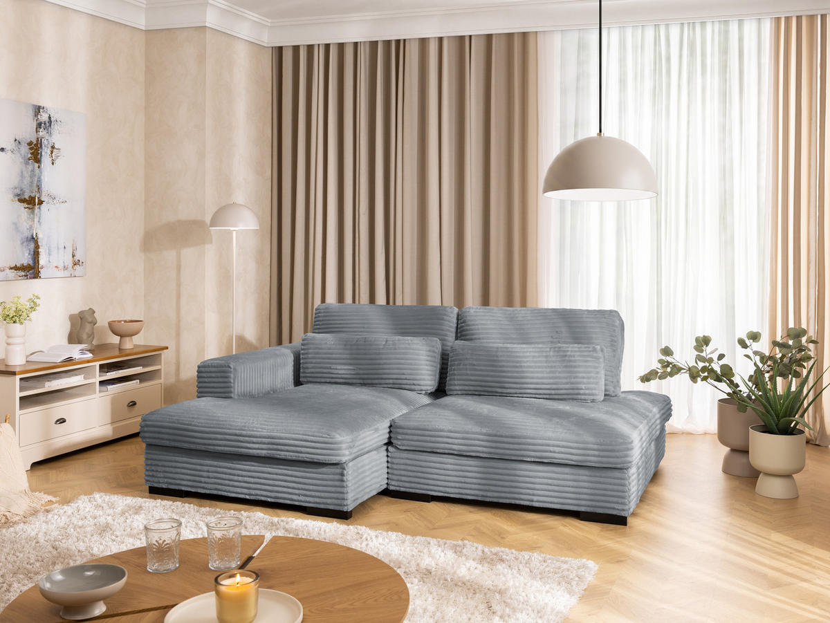 ECKSOFA Wolke mit tiefer Sitzfläche, Schlaffunktion und praktischem Bettkasten aus weichem Grau Cordstoff - Schwarz/Grau, Holz/Kunststoff (162/225cm) - S-Style