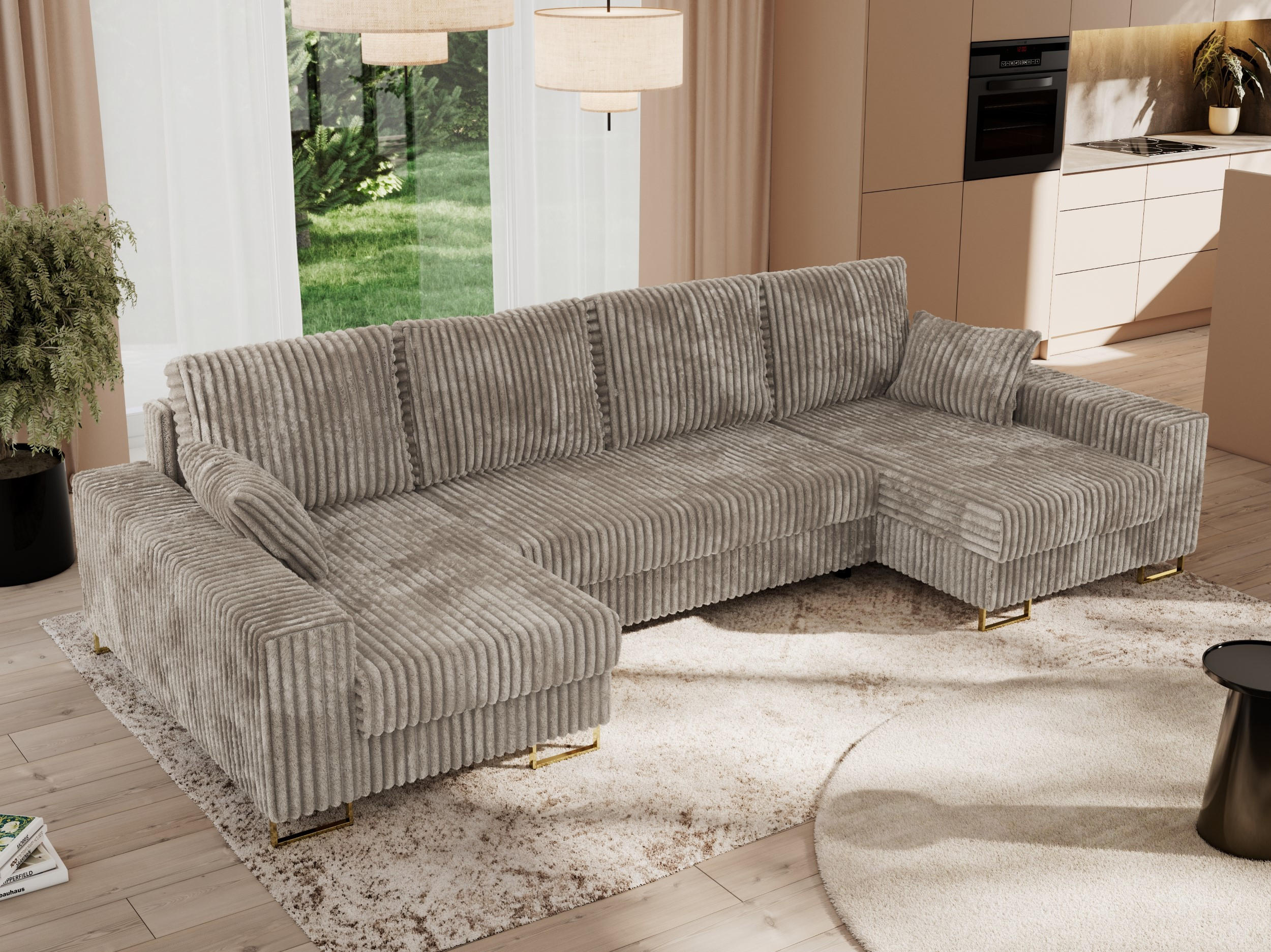 WOHNLANDSCHAFT DORIAN U Cord Hellbraun - Hellbraun/Goldfarben, Textil/Metall (312/95/138cm) - MKS
