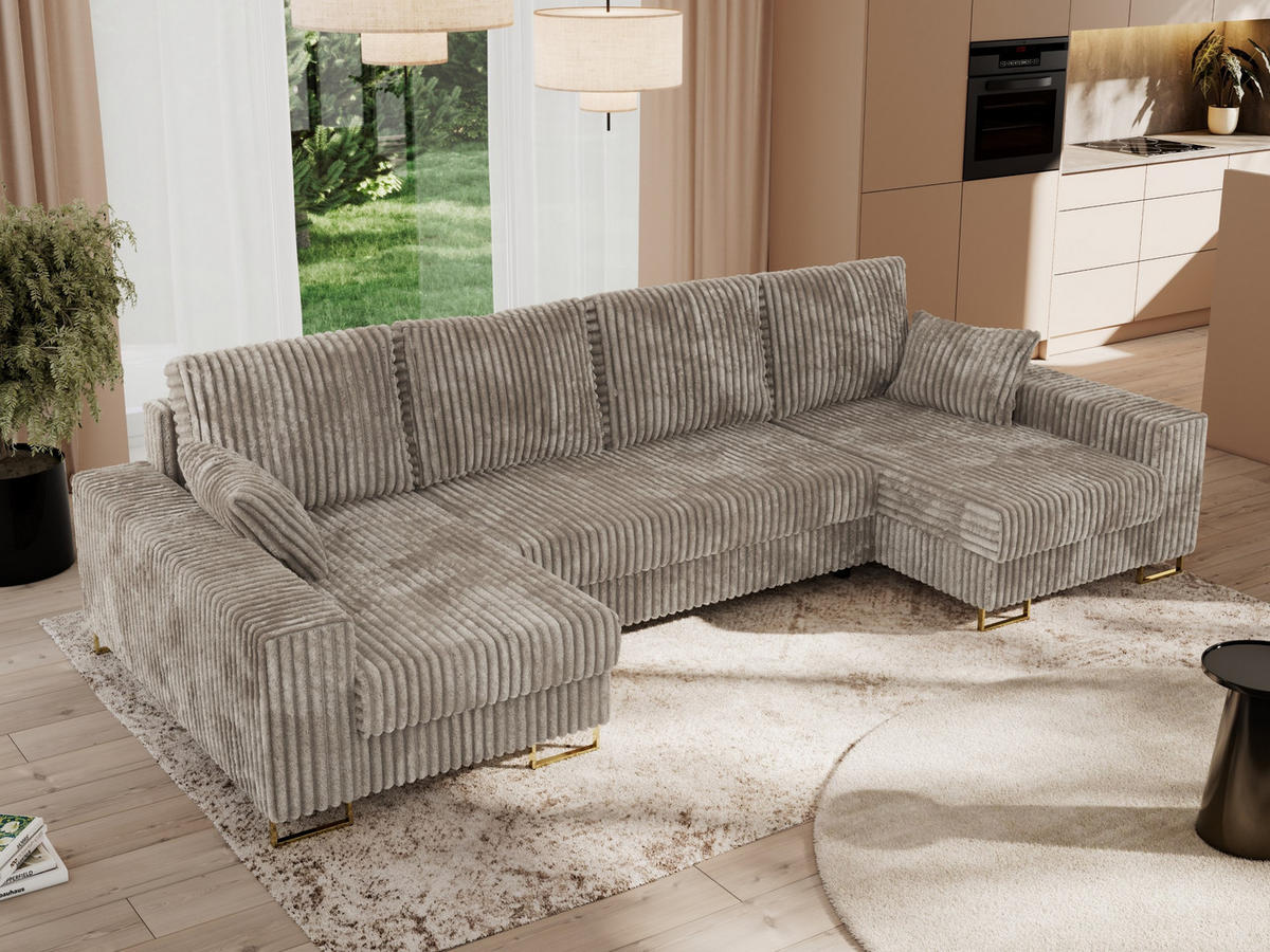 WOHNLANDSCHAFT DORIAN U Cord Hellbraun - Hellbraun/Goldfarben, Textil/Metall (312/95/138cm) - MKS