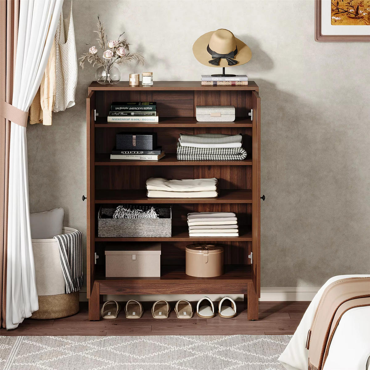 SCHUHSCHRANK Walnuss 5 Ebenen mit Türen - Braun, Holz (80/110/35cm) - Kaket