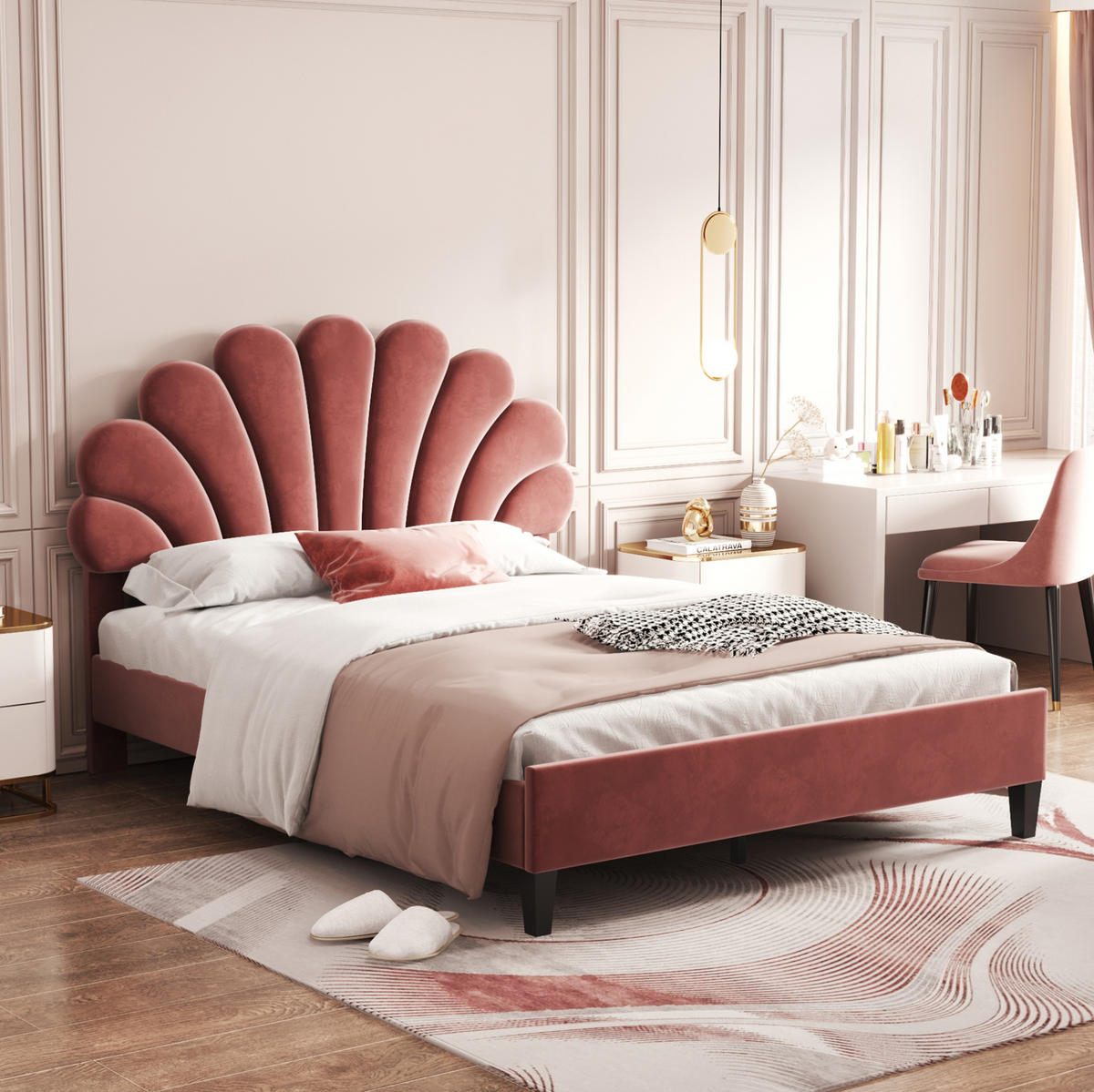 SAMT-POLSTERBETT 140/200 cm mit Lattenrost und floralem Kopfteil in Bohnenrot - Dunkelrosa, Textil (140/200cm) - BEAOK