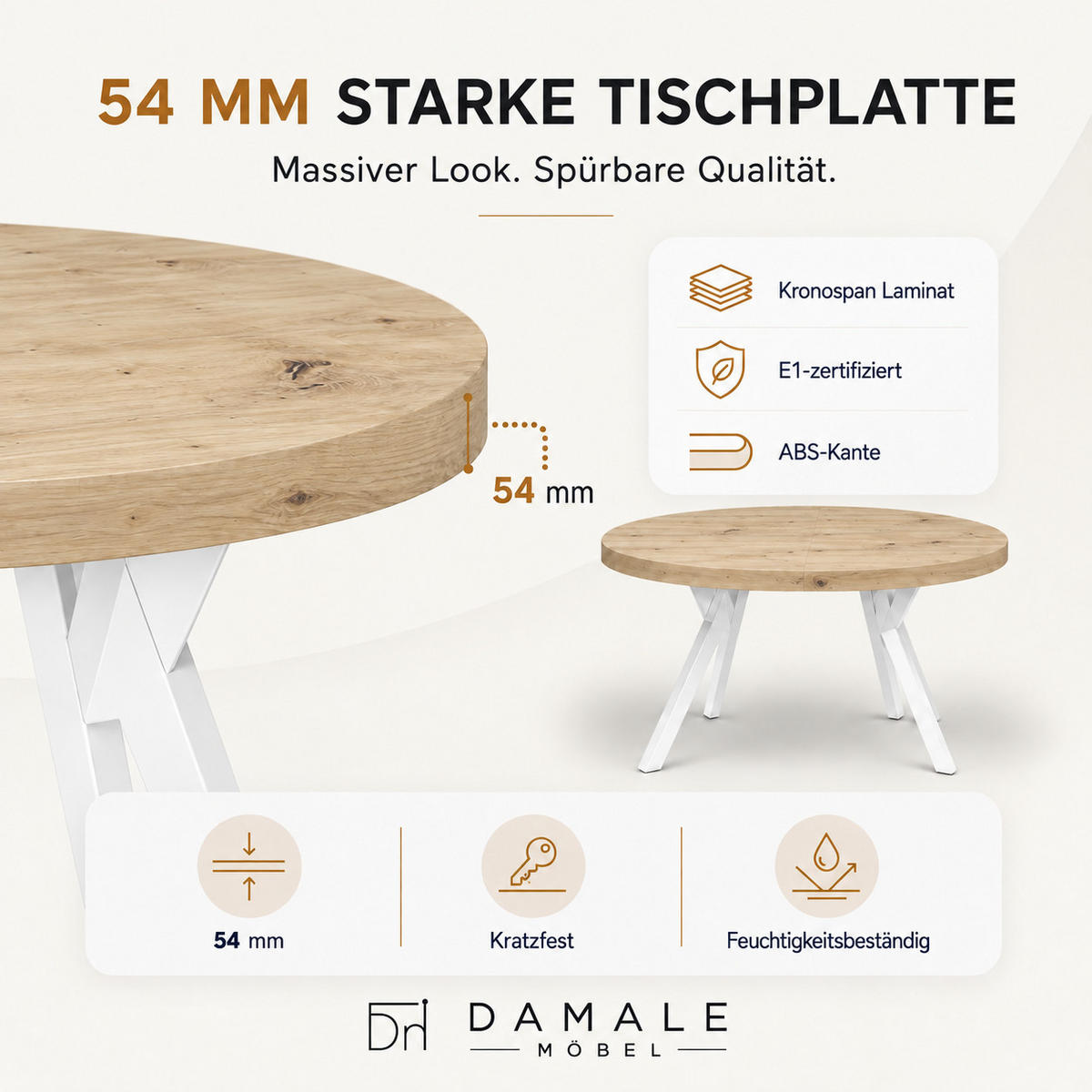 ESSTISCH rund ausziehbar 90/190/76 cm, Artisan Eiche, 54 cm Tischplatte + Y Metallgestell Weiß - Weiß/Eiche Artisan, Holzwerkstoff/Metall (90/190/76cm) - Damale Möbel
