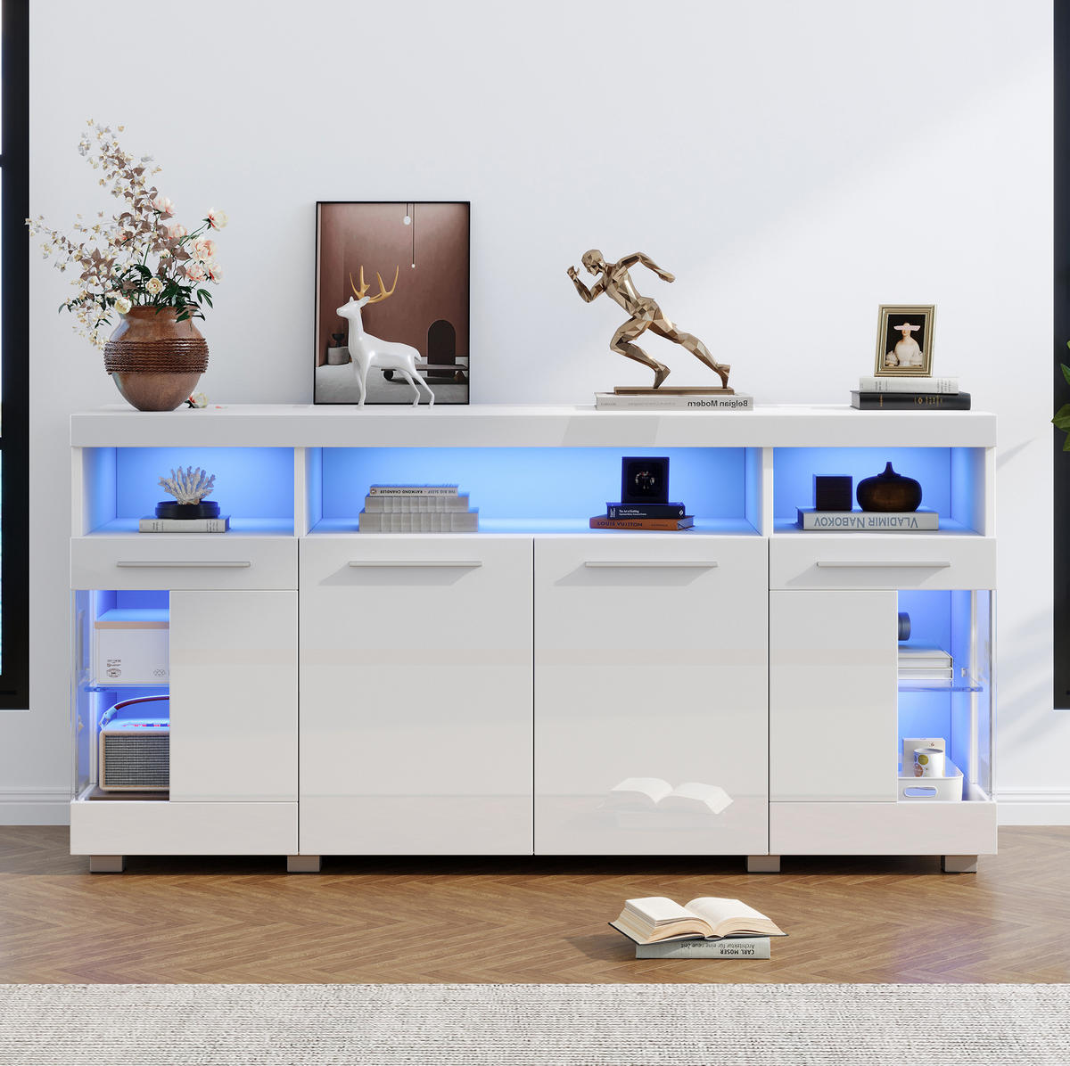 SIDEBOARD 140/40/70 cm in Weiß Hochglanz mit LED, Glastüren & 3 Schubladen - Weiß, Holzwerkstoff (140/70/40cm) - BEAOK