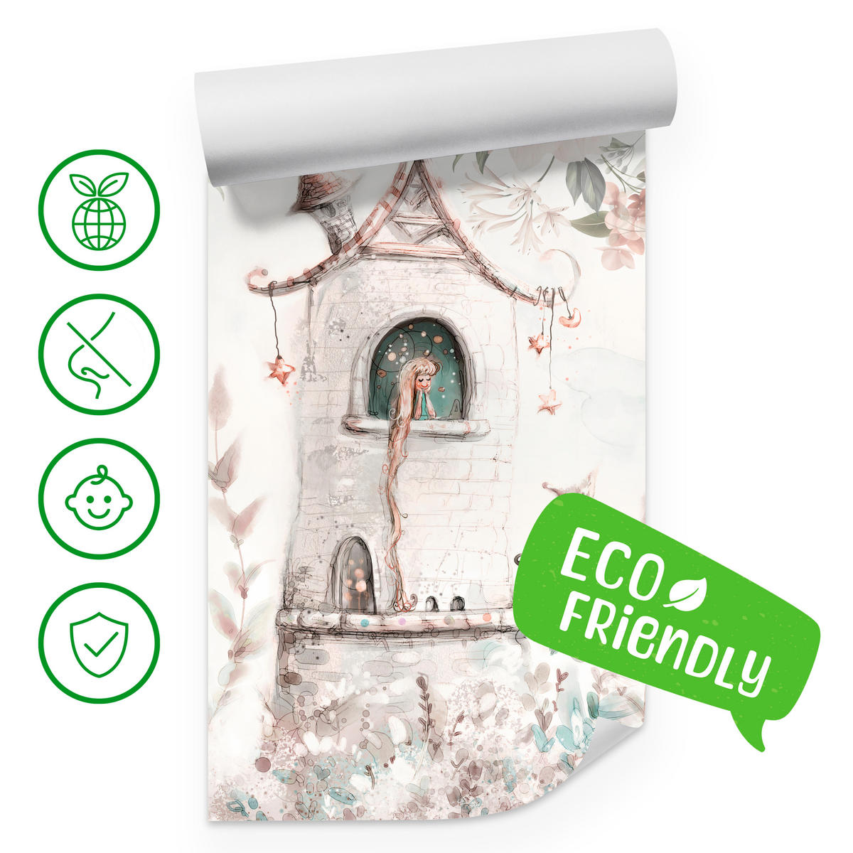 FOTOTAPETE für Kinderzimmer Prinzessin Turm Blumen Pflanzen 200x140 - Multicolor, Papier (200/140cm) - Muralo