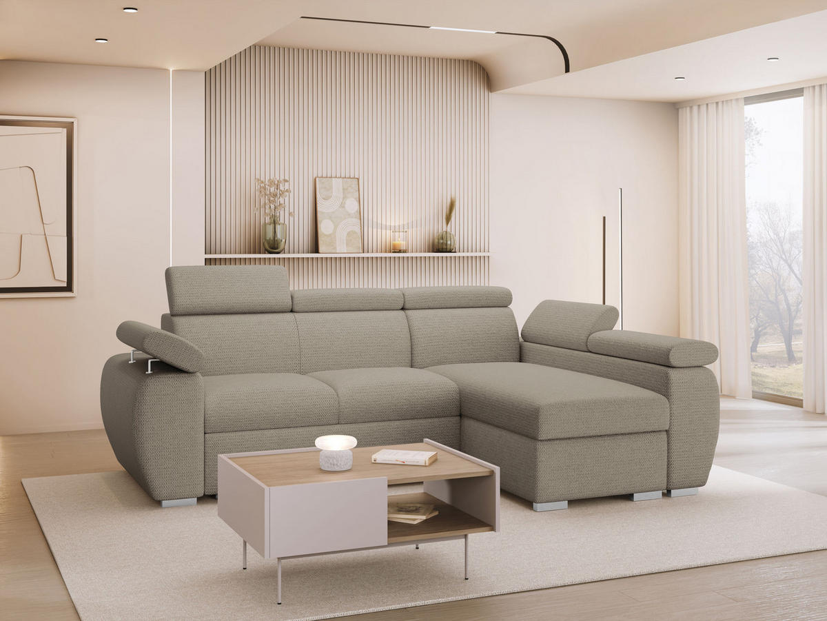 ECKSOFA Boston Mini, Seite: Rechts - 2R+LC - Chromfarben/Hellbraun, Holz/Textil (255/170cm) - MIRJAN24