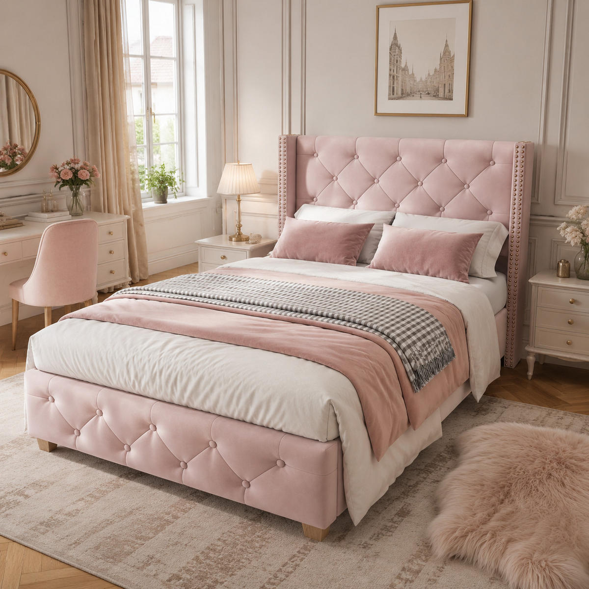 POLSTERBETT 90x190cm Samt Rosa Kopfteil Holzbeine - Pink, Textil (90/190cm) - FLIEKS