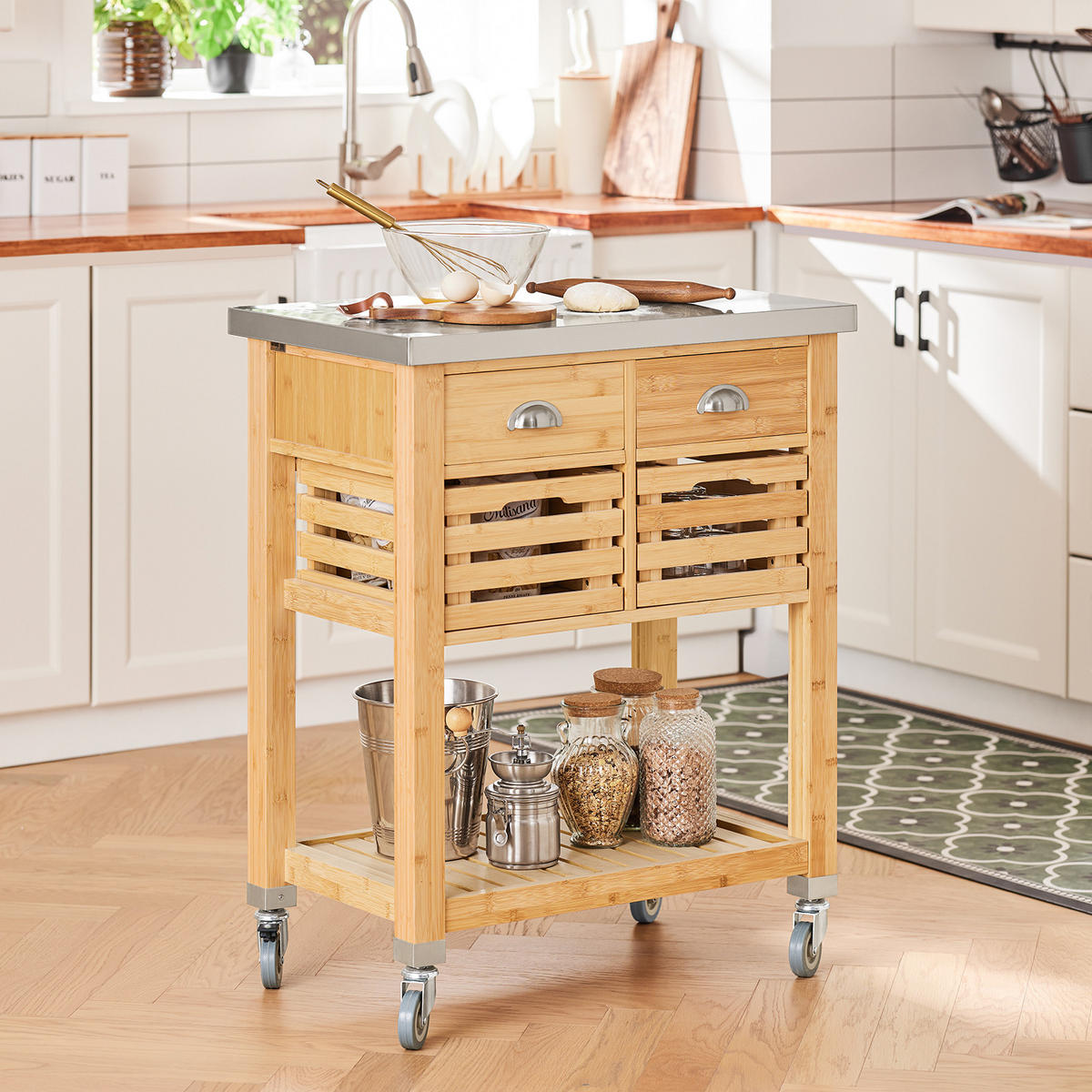 KÜCHENWAGEN Bambus Edelstahl - Naturfarben, Holzwerkstoff (73/93/46cm) - SoBuy
