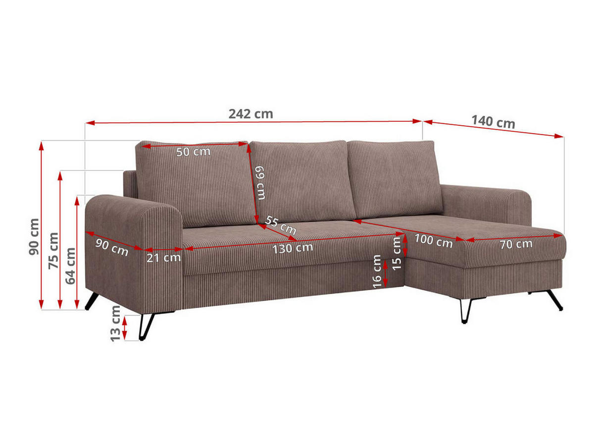 ECKSOFA Hugo Cord Rosa - Schwarz/Rosa, Textil/Metall (242/140cm) - MKS
