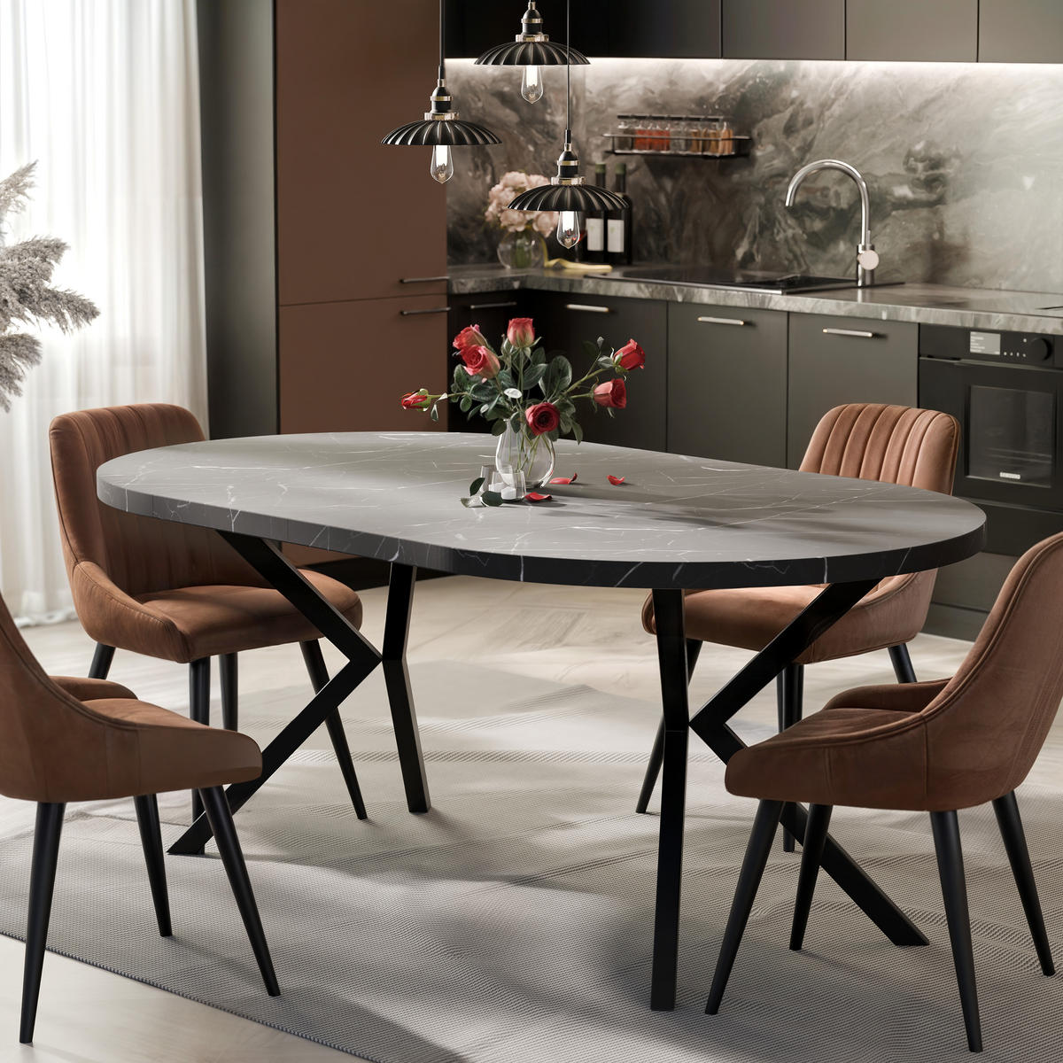 AUSZIEHTISCH MILTON 90-166/76 cm mit Metallgestell, Schwarz / Grigia Pietra - Schwarz/Grau, Holzwerkstoff/Metall (90/90/76cm) - Idohome