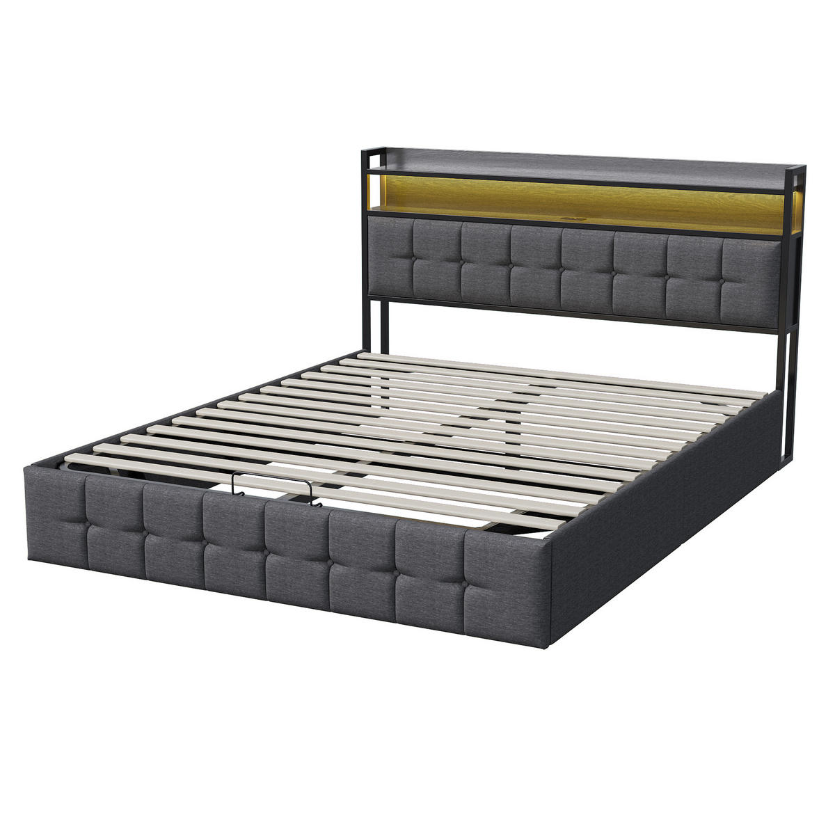 POLSTERBETT 140/200 cm mit Hydraulik‑Stauraumbettkasten, Metall‑Rahmen Ablagekopfteil, integrierter LED‑Beleuchtung & USB‑Ladeanschluss - Anthrazit, Holz/Metall (140/200cm) - Joyfair