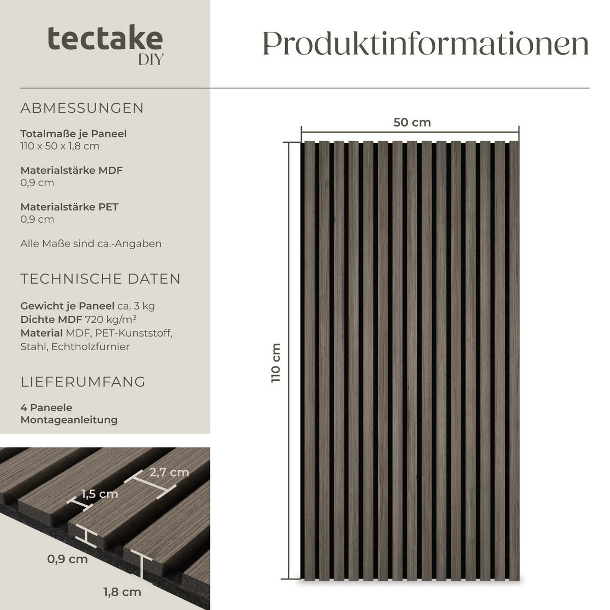 AKUSTIKPANEELE 4er Set Sonic Wall II, Holzoptik, MDF Echtholzfurnier, Schallabsorption, eiche grau, Größe flexibel anpassbar - Grau/Silbereichenfarben, Holz (50/1.8/110cm) - tectake