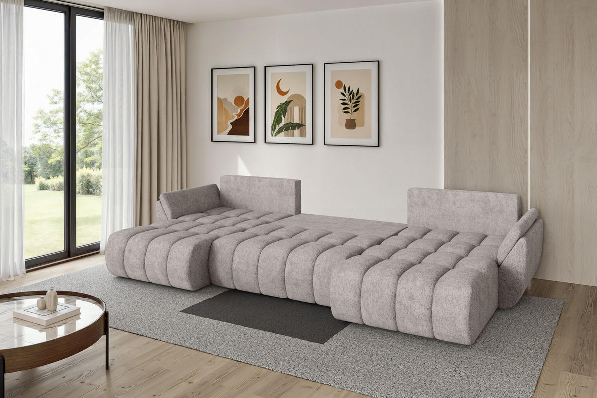 SEDACÍ SOUPRAVA DO U s funkcí spaní a úložným prostorem TOKO-U-v1 378x194x86 světle šedá velur - černá/světle šedá, kompozitní dřevo/textil (378/86/194cm) - ALTDECOR