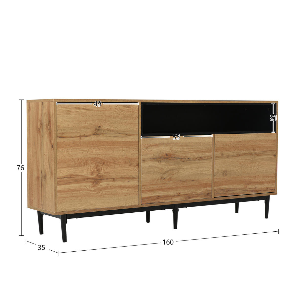 SIDEBOARD aus MDF mit 3 Türen und verstellbaren Einlegeböden, 160/35/76 cm, Schwarz und Natur - Naturfarben, Holzwerkstoff (160/76/35cm) - Redom