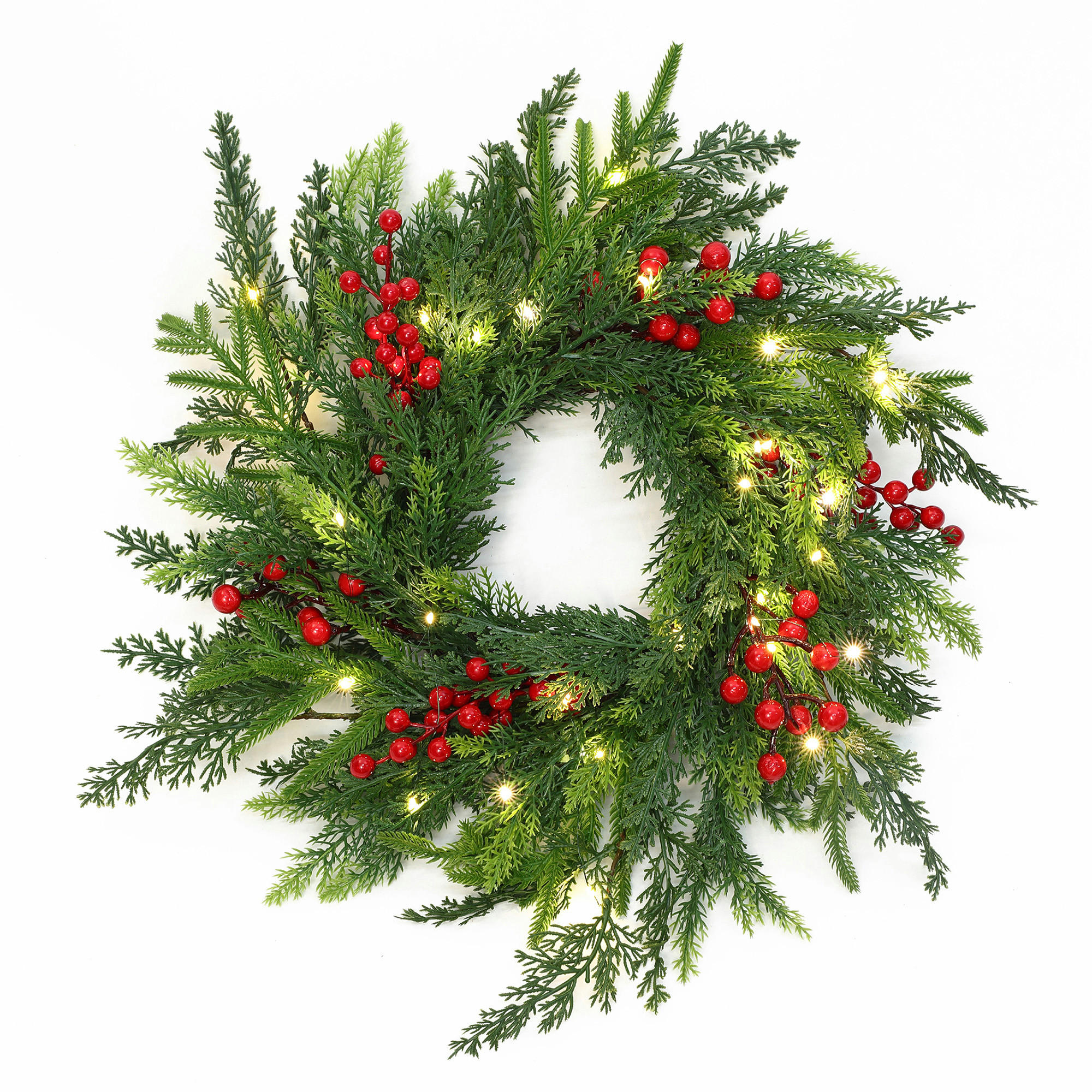 WEIHNACHTSKRANZ mit 25 LEDs & Timer - Smaragdgrün, Naturmaterialien (40cm) - Hometopia