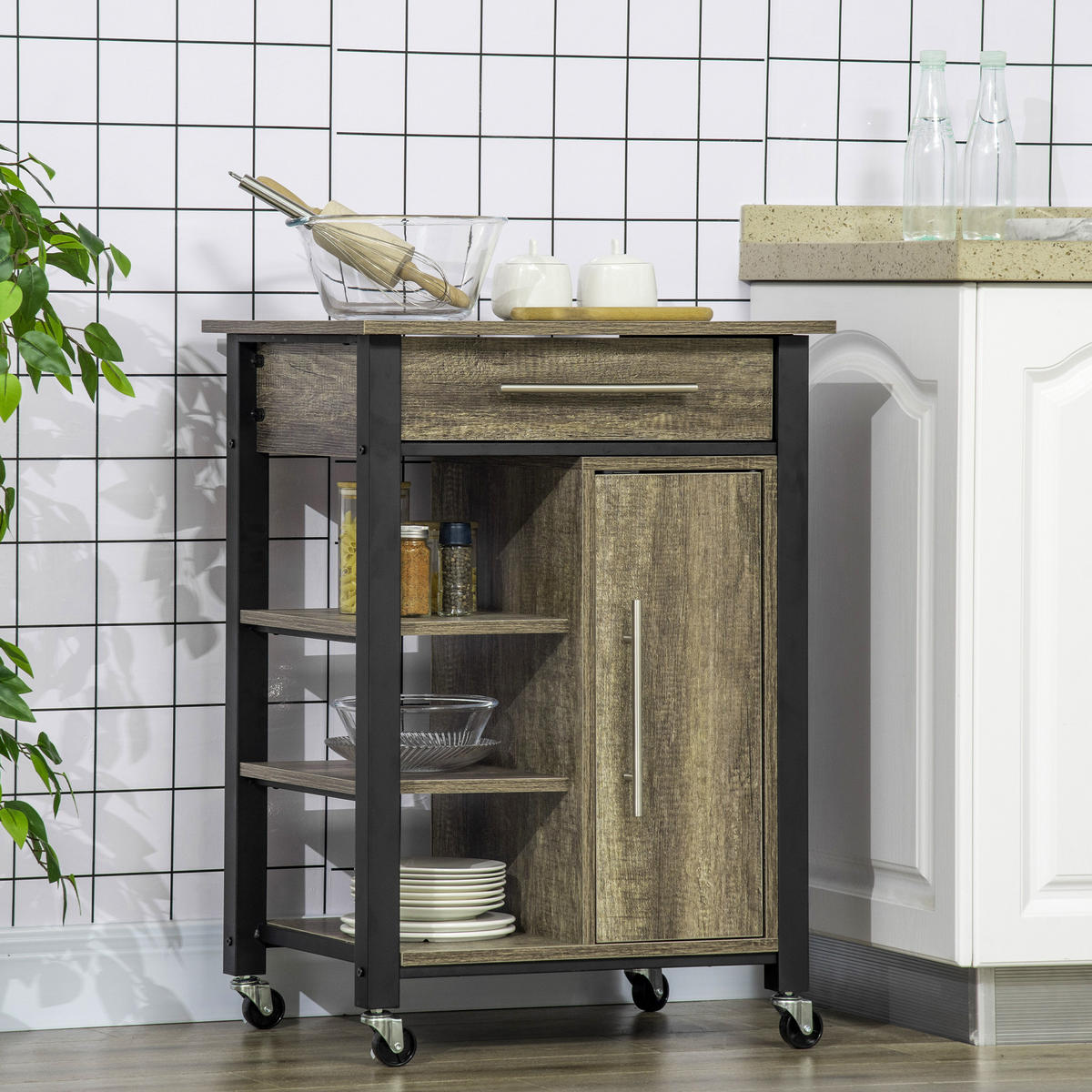 KÜCHENWAGEN, Wagen mit Schublade und Schrank, 60 x 50 x 84,5 cm, Eiche - Multicolor, Metall (60/84.5/50cm) - FORIOUS