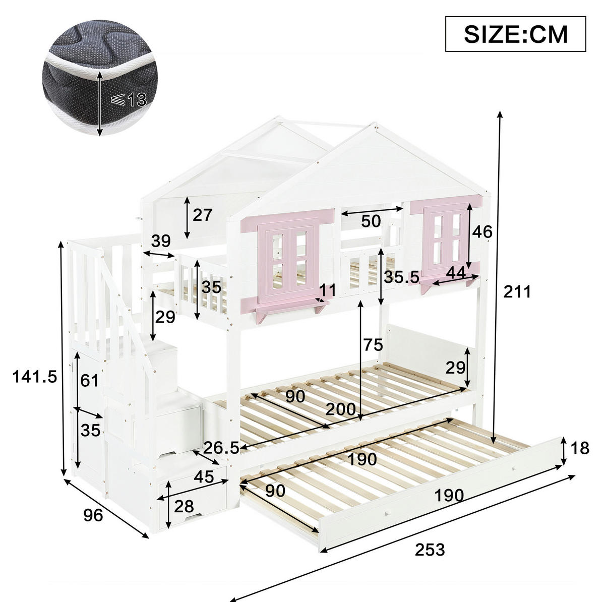 ETAGENBETT 90/200 cm weiß/rosa aus Kiefer und MDF mit Rollbett - Weiß, Holz (90/200cm) - OKWISH