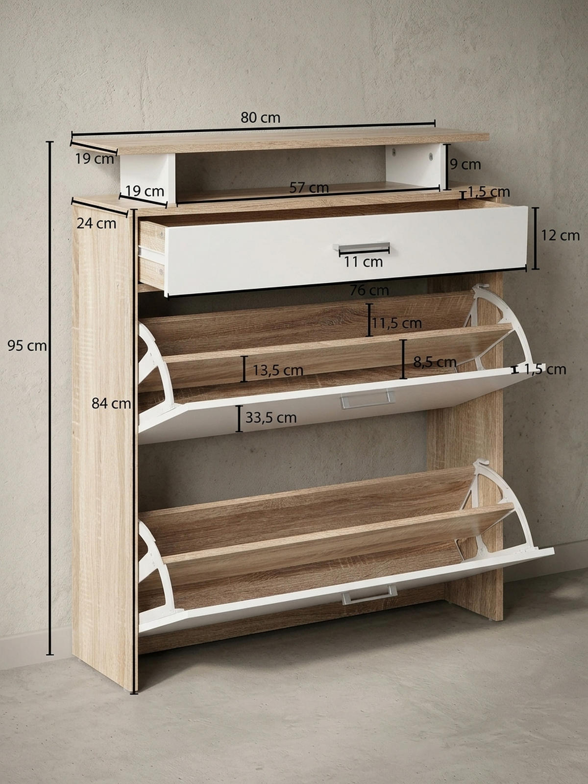 SCHUHKIPPER – Sonoma Eiche, 4 Fächer, großzügige Ablage, MDF-Holz - Beige, Holz (80/95/24cm) - KADIMA DESIGN