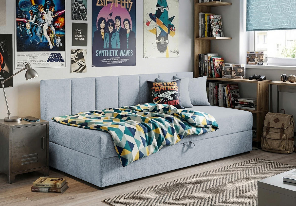TAGESBETT Lenny mit Rückenlehne und großem Bettkasten aus Hellblau Chenille-Stoff - Schwarz/Hellblau, Holz/Kunststoff (90/200cm) - S-Style Möbel