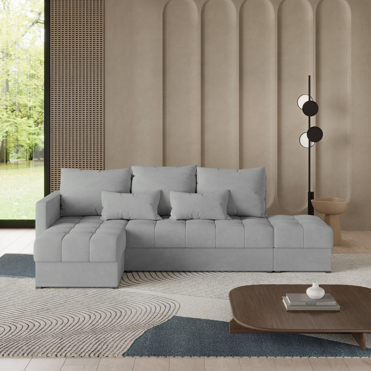 ECKSOFA LUMARI L-S Hellgrau Plüsch-Stoff mit Schlaffunktion - Hellgrau, Holz (262/143cm) - MASSENO