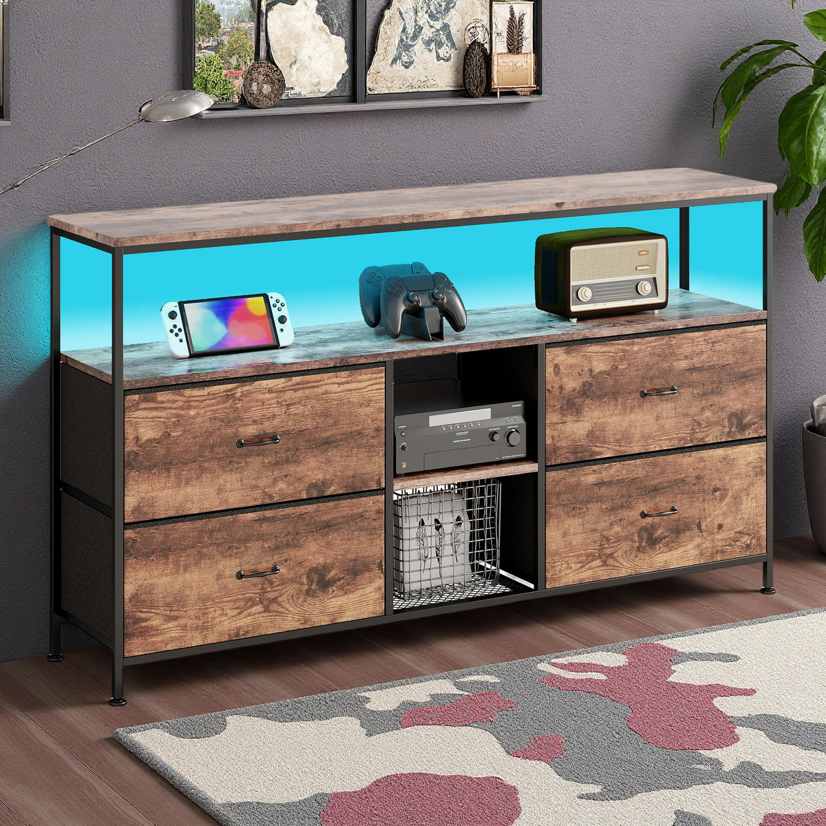 TV-SCHRANK mit Retro-Holzoptik, LED-Licht & 4 Stoffschubladen - Braun, Holzwerkstoff (29.8/76.8/108cm) - SHOPENTRA