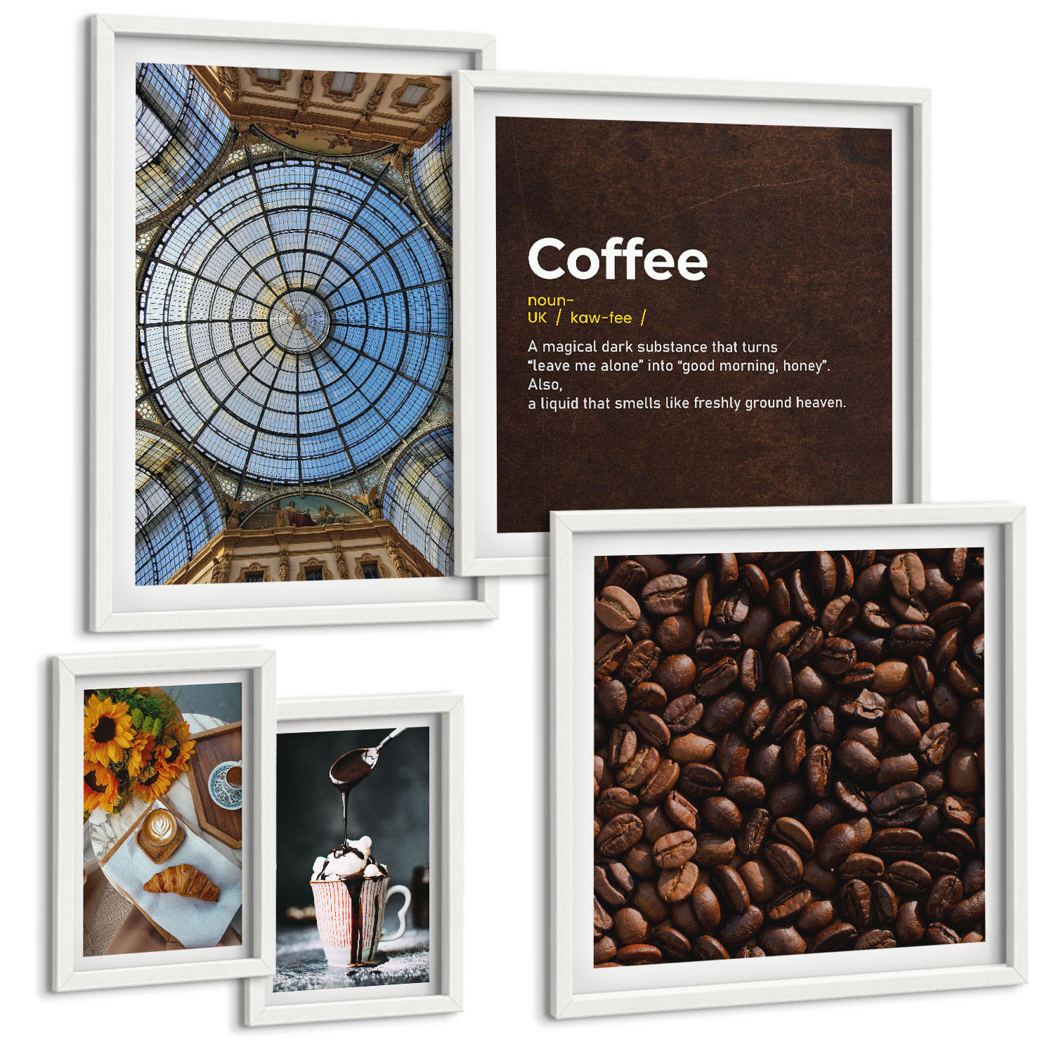 BILDER SET 5er Set - 50x50 cm & 20x30 cm & 40x60 cm Weißer Rahmen - Italienische Frühstückskaffeebohnen - Weiß, Kunststoff (40/60cm) - TULUP