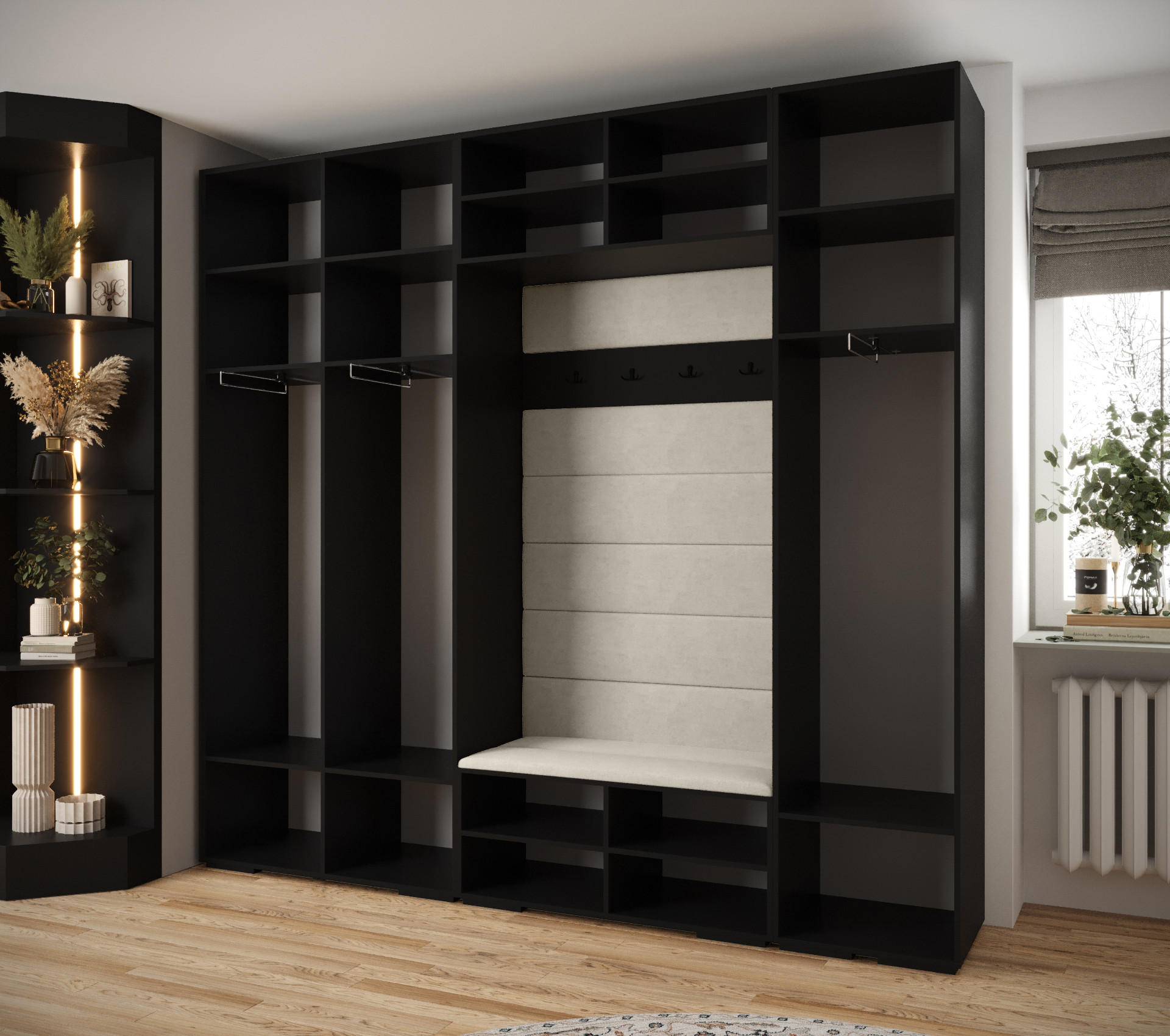 Thumbnail - Abiks Möbel Garderoben-Set, Schwarz, Grau, Kunststoff, Nachbildung, 2-Sitzer, 13 Fächer, 250x236.7x47 cm, Garderobe, Gar...
