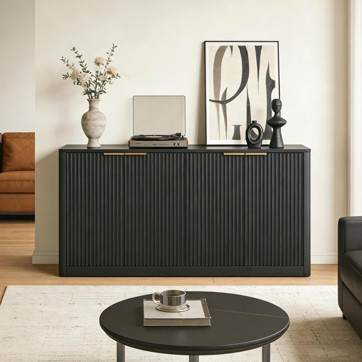 BOČNÍ skříň 150/40/70,5 cm černá z MDF s vlnitým čelním designem a úložným prostorem - černá, kompozitní dřevo (150/70.5/40cm) - OKWISH