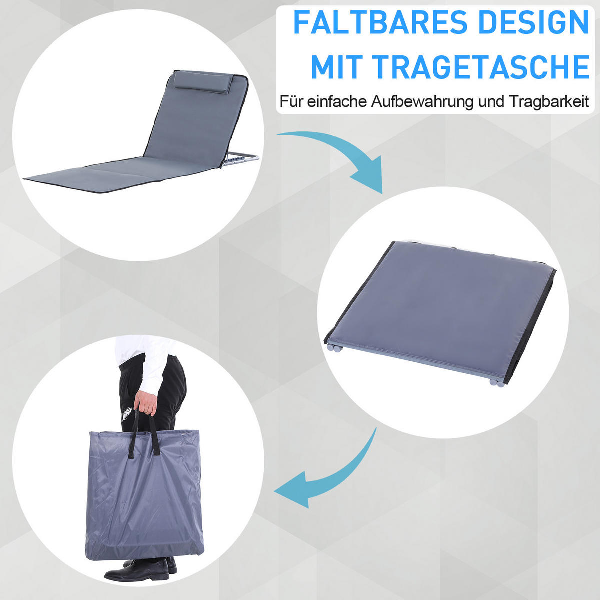 HÖHENVERSTELLBARE STRANDLIEGE, 134 x 48 x 33-43 cm, Stahl, Grau - Grau, Kunststoff (48/36/134cm) - Outsunny